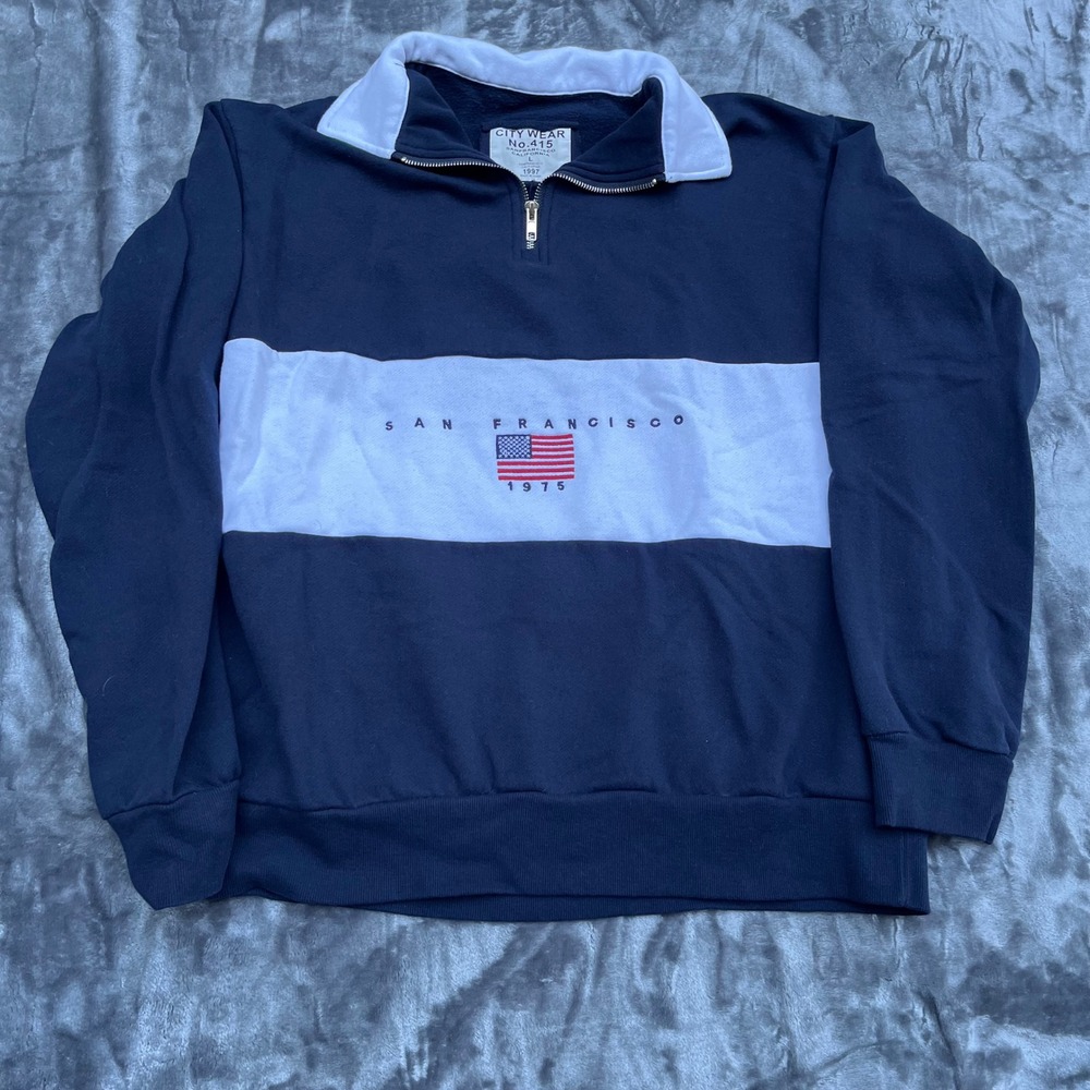 City Wear No. 415 San Francisco Navy Quarter Zip Sweatshirt Mens Large JU617